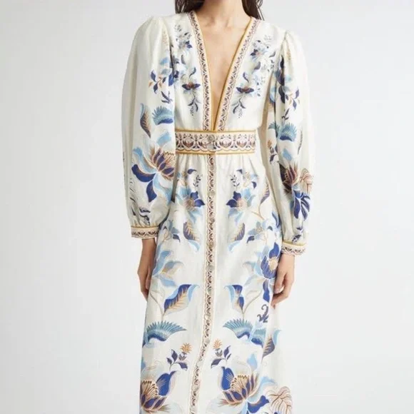 farm rio blue and white dress Foliage Tie Shoulder Midi featuring a captivating deep v neckline framed by intricate gold detail Farm Rio Blue And White